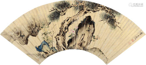 李士达（1550～1620） 松石图 扇面 设色笺本