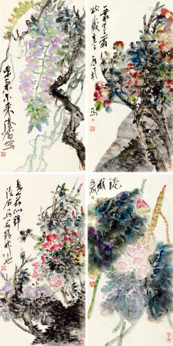 吴冠南（1962～?） 四季花开 设色纸本 托纸
