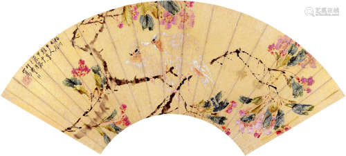 沙山春（1831～1906） 1884年作 花鸟 扇面 设色笺本