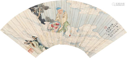 冯超然（1882～1954） 1947年作 仙寿图 扇面 设色纸本