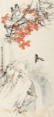 叶矩吾（1923～2018） 红叶麻雀 设色纸本 托纸