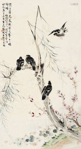 丁宝书（1866～1936） 庚午（1930）年作 杨柳八哥图 立轴 设色纸本