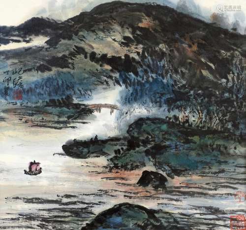 朱屹瞻（1892～1996） 1987年作 山水 镜框 设色纸本