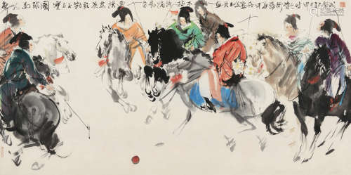 贺成（1945～） 2004年作 唐人马球图 托纸 设色纸本