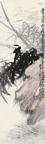 马骀（1886～1937） 1929年作 竹石 立轴 设色纸本