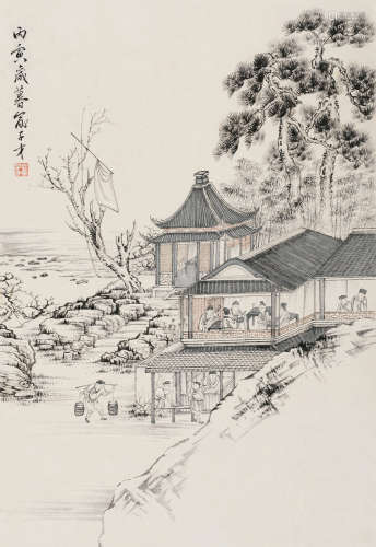 俞子才（1915～1992） 1986年作 山水人物 立轴 水墨纸本