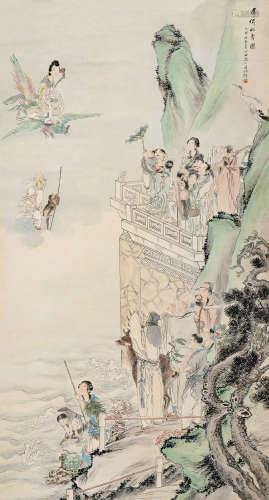 沈心海（1855～1942） 1927年作 群仙祝寿图 立轴 设色纸本