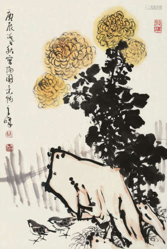 孙其峰（1920～） 2000年作 菊花双雀图 纸片 设色纸本