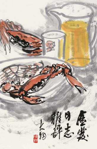 陈大羽（1912～2001） 蟹肥酒香 立轴 设色纸本