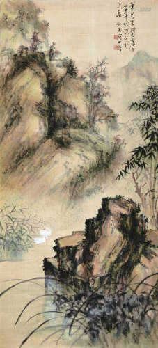 关山月（1912～2000） 1945年作 苇光鹅影 镜片 设色纸本