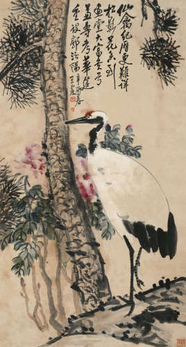王震（1867～1938） 1921年作 松鹤延年 屏轴 设色纸本