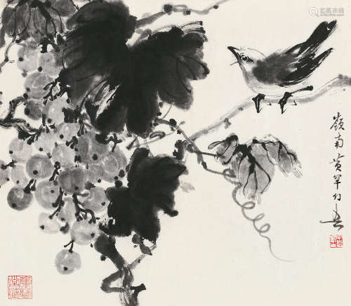 黄幻吾（1906～1985） 葡萄小鸟 托纸 水墨纸本