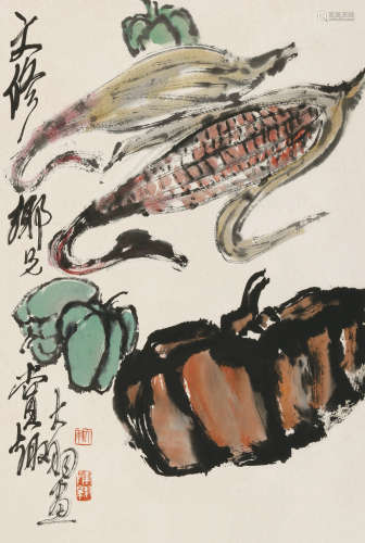 陈大羽（1912～2001） 南瓜玉米 镜片 设色纸本