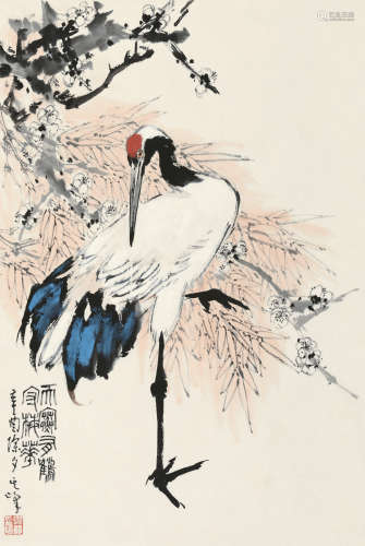 孙其峰（1920～） 1981年作 鹤梅图 托纸 设色纸本
