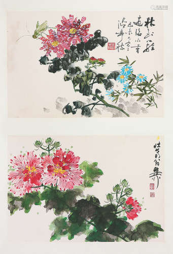 张辛稼(1909-1991)谢稚柳(1910-1997) 花卉双挖