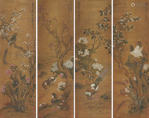 钱维城(1720-1772) 花鸟四屏