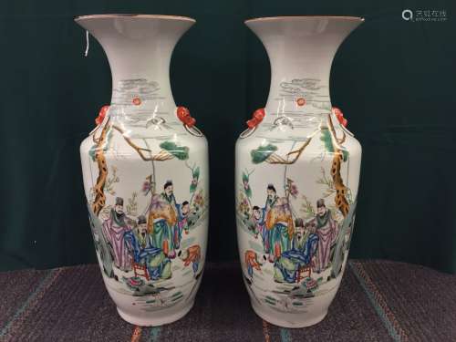 A pair of famille-rose figures and flowers vases