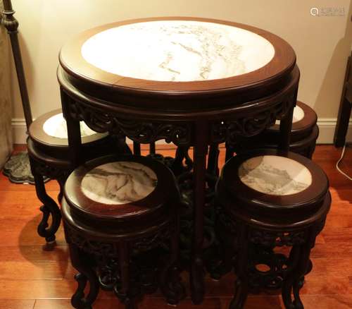 Set of Chinese Late Qing Republic Table w/ 5 Stool