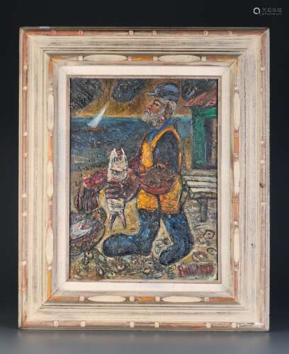 Russian Oil on Wood Panel Painting of a Fisherman
