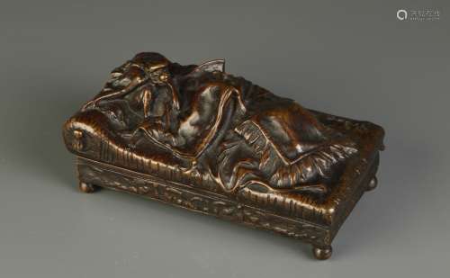 Bronze Sculpture Box of Erotic Topic, Signed 