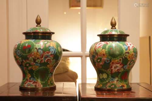 Pair of Chinese Cloisonne Covered Jar w/ Gold Line