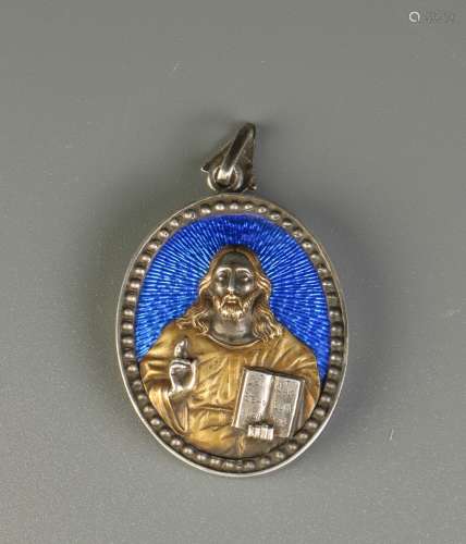 Russian Silver Enameled Pendant of Christ, Marked