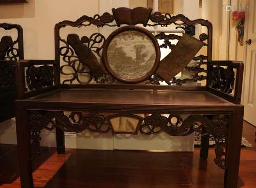 19th C. Chinese Two People Chair w/ Stone Deco