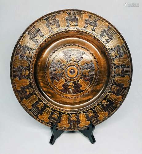 Chinese Carved Wood Plate w/ Bronze Line
