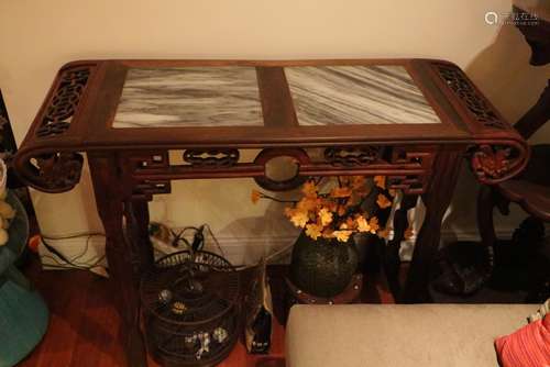 Chinese Rose Wood Long Table w/ Marble Atop