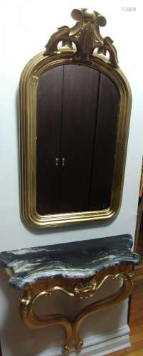 Antique Gilt Wood Marble Top Console with a Mirror