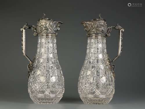 Pair of Russian Crystal and Silver Wine Pitcher
