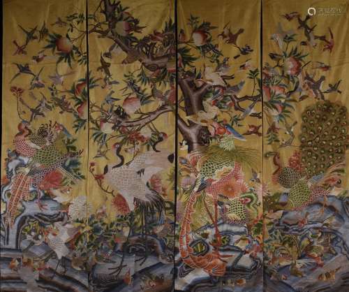 Set of 4 Pieces Chinese Kesi of Crane and Bird