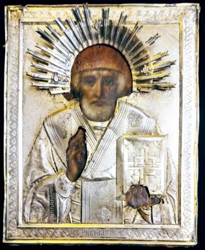 Antique 19c Russian 84 Silver icon of St.Nicholas