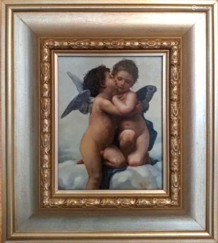Antique oil on wood panel of the Kissing Angels