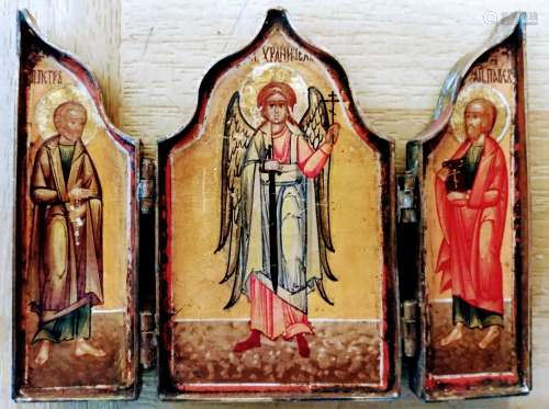 Antique Russian icon tryptic of The Guardian Angel