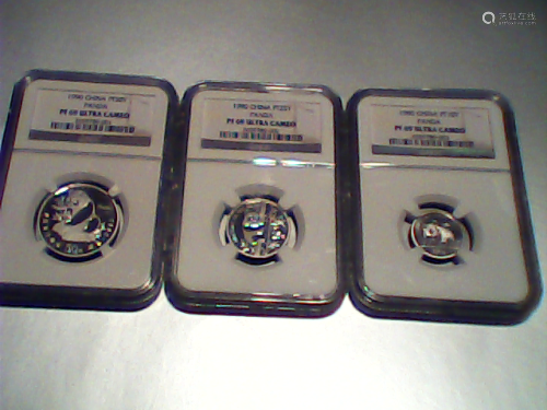 China 1990 Panda 1/2 oz, 1/4 oz and 1/10 oz Platinum with NGC pf69