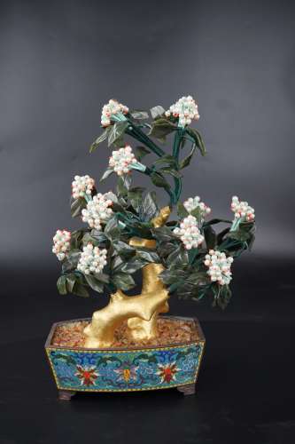 A Bronze Closinne and Jade Potted Plants