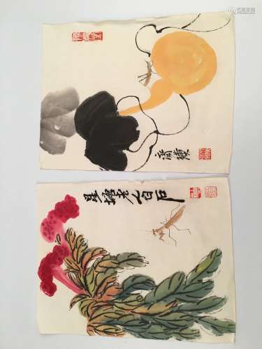 Two Pieces Chinese Watercolor Painting