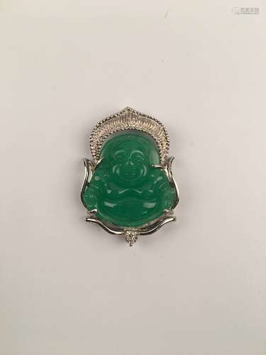 Chinese Silver with Green Jade Buddha Pendant