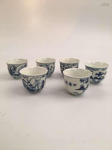 6 Pieces Chinese Blue and White Porcelain Tea Cups