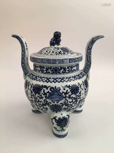 Chinese Blue and White Incense Burner with Qianlong Mark