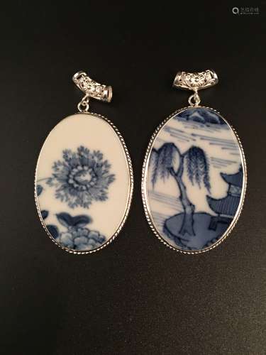 Pair Ming Blue and White Pendant with Silver