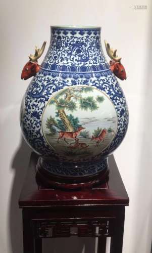 Chinese Famille Rose Zun w Deer Handle