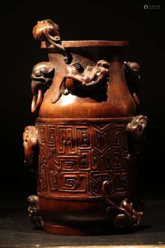 Chinese Bamboo Carved Vase With Chilong