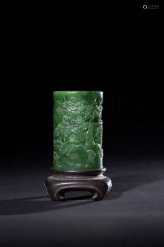 Chinese Spinach Jade Carved Brush Pot w Stand