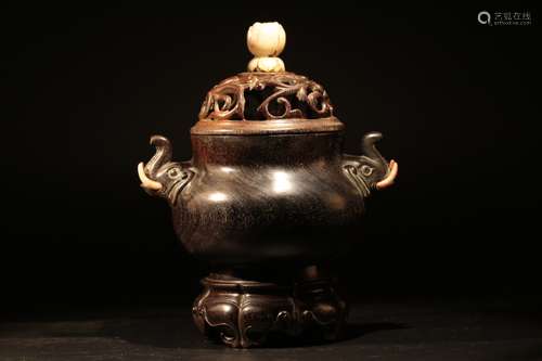 Chinese Zitan Cover Censer with Elephant Shape Han