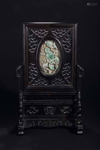 Chinese Wood Table Screen w Jadeite