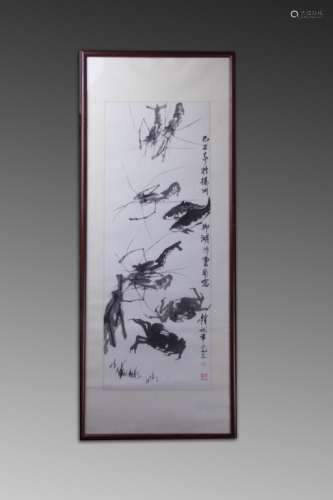 Chinese Ink Scroll Painting , Shrimps and Fishes