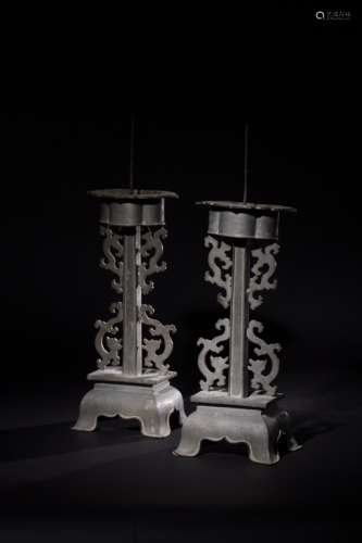 Qing Pair of Chinese Pewter Candle Holders