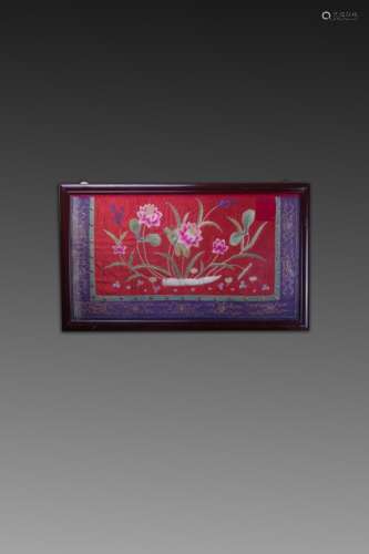 Chinese Red Ground Silk Embroidery, Lotus